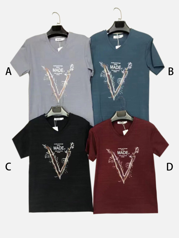 Men's Casual V Neck Short Sleeve Letter Graphic T-Shirts, Clothing Wholesale Market -LIUHUA, 