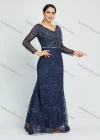 Wholesale Women's Elegant Lace Sleeve V Neck Rhinestone Lace Glamorous Mermaid Evening Dress - Liuhuamall