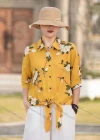 Wholesale Women's Linen Collared Half Sleeve Loose Fit Blouse Knot Front Flora Print Shirt - Liuhuamall