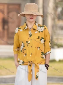 Wholesale Women's Linen Collared Half Sleeve Loose Fit Blouse Knot Front Flora Print Shirt, LIUHUA CLOTHING WHOLESALE