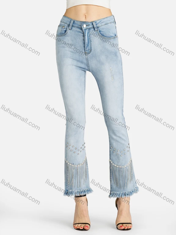 Wholesale Women's Casual Plain Rhinestone Pearl Decor Pockets Frayed Raw Hem Stretch Jean