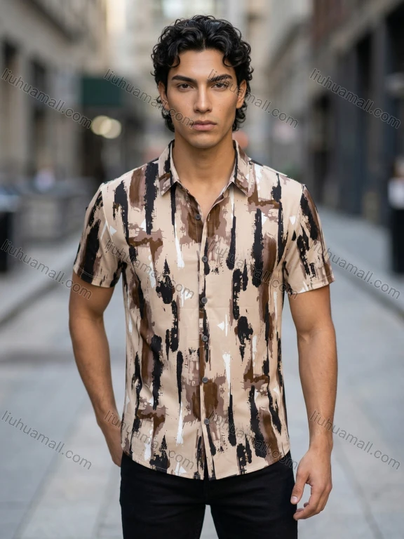 Wholesale In Stock Men's Slim Fit Short Sleeve Shirt | Abstract Brush - Stroke Print Beige - Brown Casual Business Top
