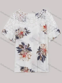 Wholesale Women's Flounce Sleeve Crew Neck Floral Print Lace Blouse, LIUHUA CLOTHING WHOLESALE