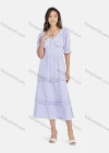 Wholesale Women's Casual Plain V Neck Poet Sleeve Ruched Ruffle Trim Layered Ruffle Hem Midi Dress - Liuhuamall