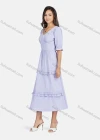 Wholesale Women's Casual Plain V Neck Poet Sleeve Ruched Ruffle Trim Layered Ruffle Hem Midi Dress - Liuhuamall