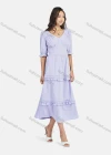 Wholesale Women's Casual Plain V Neck Poet Sleeve Ruched Ruffle Trim Layered Ruffle Hem Midi Dress - Liuhuamall