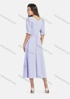 Wholesale Women's Casual Plain V Neck Poet Sleeve Ruched Ruffle Trim Layered Ruffle Hem Midi Dress - Liuhuamall