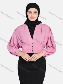 Wholesale Women's Casual Plain V Neck Shirred Button Decor Long Sleeve Blouse 1396-Dusty Pink#, LIUHUA CLOTHING WHOLESALE