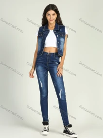 Wholesale Women's Flap Pocket Wash Button Down Vest Denim Jacket 2 Piece Set, LIUHUA CLOTHING WHOLESALE