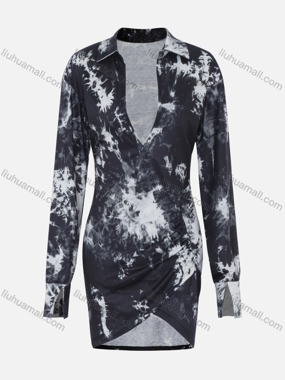 Wholesale Women's Sexy Deep V Neck Long Sleeve Tie Dye Ruched Wrap Bodycon Club Dress LN2834#