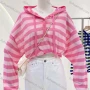 Wholesale Women's Casual Striped Button Front Drawstring Long Sleeve Hoodie 8085# preview