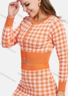 Wholesale Women's Plaid Long Sleeve Button Down Crop Top Knit 2 Piece Sets 2131# - Liuhuamall