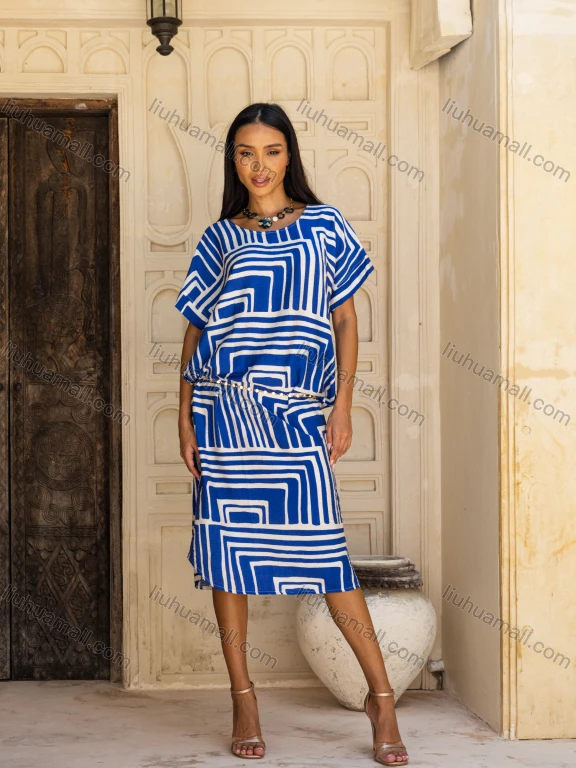 Wholesale Women's Casual Geometric Print Crew Neck Short Sleeve Woven Metal Chain Midi Dress V5446#