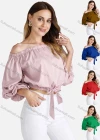 Wholesale Women's Off Shoulder Lantern Sleeve Elastic Trim Crop Top - Liuhuamall