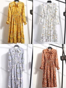 Wholesale Women's Casual Long Sleeve Tie Front Floral Print Ruffle Hem Chiffon Midi Dress 8010#, LIUHUA CLOTHING WHOLESALE