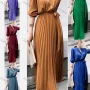 Wholesale Women's Casual 3/4 Sleeve Stand Collar Button Pleated Hem Plain Midi Dress preview