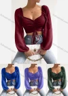 Wholesale Woman's Fashion Square Neck Peasant Sleeve Drawstring Plain Crop Top - Liuhuamall