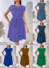 Wholesale Woman's Casual Short Sleeve Round Neck Bowknot Guipure Lace Pleated Swing Dress - Liuhuamall