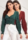 Wholesale Woman's Casual Square Neck Long Sleeve Tie Front Polka Dot Ruffle Hem Crop Top - Liuhuamall