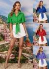 Wholesale Woman's Casual Shirt Collar Butterfly Sleeve Tie Front Plain Crop Top - Liuhuamall