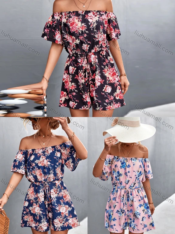Wholesale Women's Fashion Off Shoulder Short Sleeve Drawstring Floral Print Romper