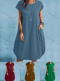 Wholesale Women's Casual Round Neck Short Sleeve Plain Short Dress, LIUHUA CLOTHING WHOLESALE