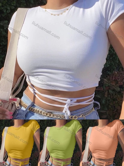 Wholesale Women's Fashion Sexy Round Neck Short Sleeve Tie Backless Plain Crop Top