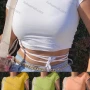 Wholesale Women's Fashion Sexy Round Neck Short Sleeve Tie Backless Plain Crop Top preview