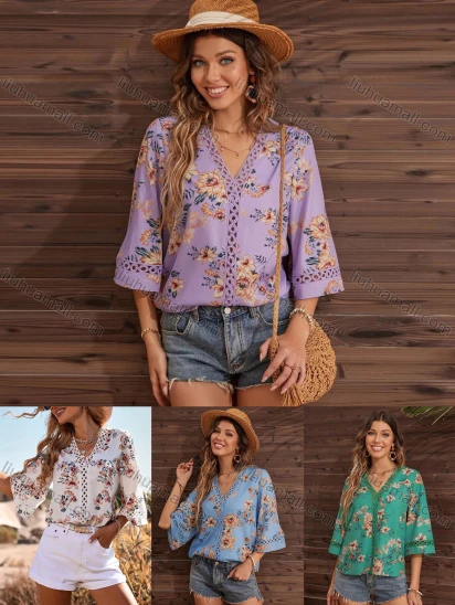 Wholesale Women's Boho V Neck 3/4 Sleeve Floral Hollow Out Blouse