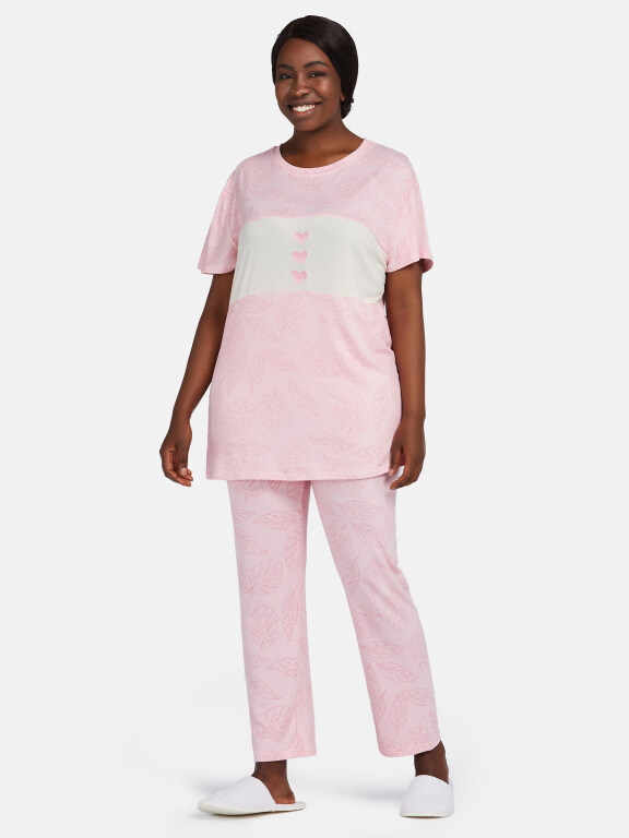 Women's Casual Lounge Short Sleeve Leaf Heart Print Splicing Colorblock T-shirt & Pant Pajamas Sets, Clothing Wholesale Market -LIUHUA, WOMEN, Sleepwear