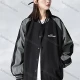 Wholesale Men's Trendy Letter Print Contrast Colorblock Button Down Striped Trim Unisex Patch Pocket Baseball Jacket Black Clothing Wholesale Market Liuhua
