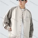 Wholesale Men's Trendy Letter Print Contrast Colorblock Button Down Striped Trim Unisex Patch Pocket Baseball Jacket Beige Clothing Wholesale Market Liuhua