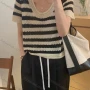 Wholesale Women's Casual Striped Scoop Neck Hollow Out Short Sleeve Sweater Tops 8097# preview