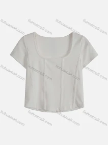 Wholesale Women's Casual Plain U Neck Short Sleeve Crop Tops 1048#, LIUHUA CLOTHING WHOLESALE