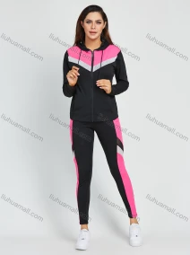 Wholesale Women's Athletic Colorblock Hood Zipper Jacket Workout 3 Piece Set, LIUHUA CLOTHING WHOLESALE