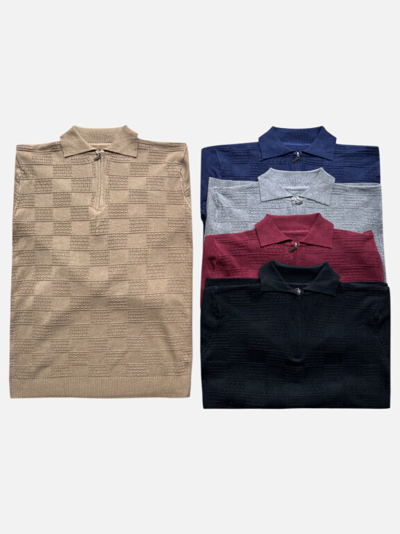 Men's Casual Plain Checkerboard Collared Quarter Zip Long Sleeve Knit Sweater, Clothing Wholesale Market -LIUHUA, MEN, Sweaters-Knits