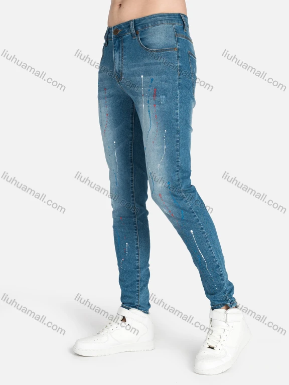 Wholesale Men's Casual Ink Splash Patch Pocket Skinny Jean