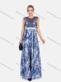 Wholesale Women's Sheer Lace Neck Rhinestone Floral Embroidery Satin Hem Maxi Evening Dress, LIUHUA CLOTHING WHOLESALE