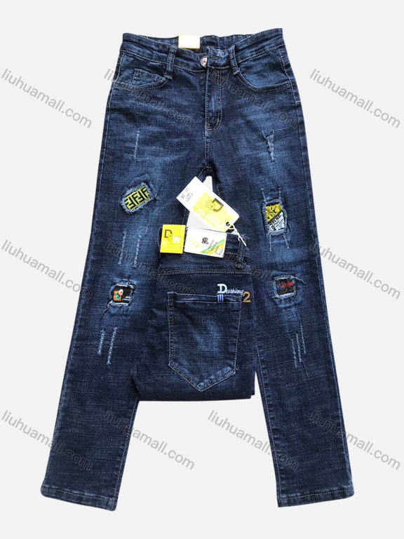 Wholesale Boys Button Pockets Frayed Patched Labelled Embroidered Letter Plain Casual Jean 06-2#