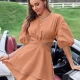 Wholesale Women's Round Neck Peasant Sleeve Cutout Waist Bow Knot Open Back Layered Plain Short Dress AY184# 79# Clothing Wholesale Market Liuhua