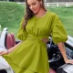 Wholesale Women's Round Neck Peasant Sleeve Cutout Waist Bow Knot Open Back Layered Plain Short Dress AY184# 81# Clothing Wholesale Market Liuhua