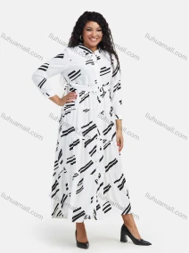 Wholesale Women's Abstract Print Button Down Flared Hem Maxi Casual Shirt Dress With Belt, LIUHUA CLOTHING WHOLESALE