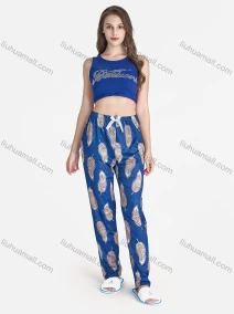 Wholesale Women's Casual Rhinestone Letter Crop Tank Tops & Allover Leaf Print Pants 2 Piece Set Lounge Pajama Suit, LIUHUA CLOTHING WHOLESALE
