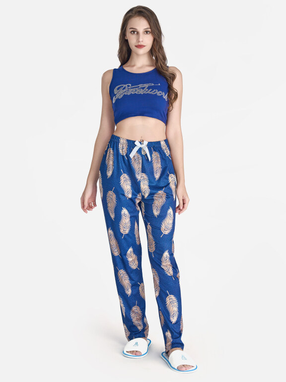 Women's Casual Rhinestone Letter Crop Tank Tops & Allover Leaf Print Pants 2 Piece Set Lounge Pajama Suit, Clothing Wholesale Market -LIUHUA, WOMEN, Sleepwear