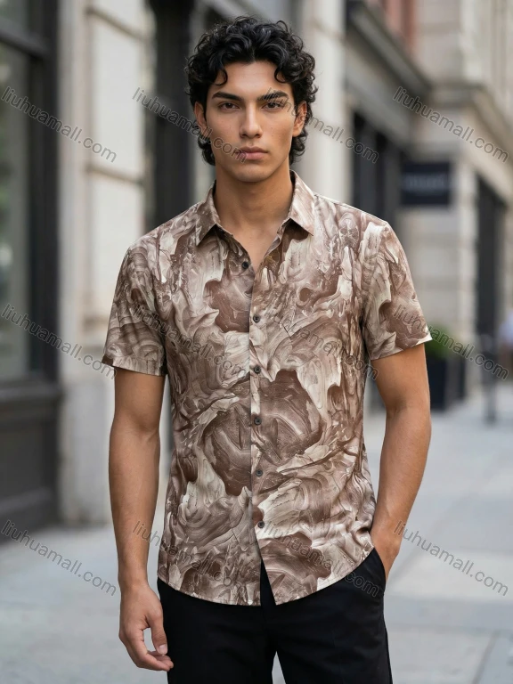 Wholesale In Stock Men's Slim Fit Short Sleeve Shirt - Abstract Earth - Tone Landscape Print Casual Button - Up Top