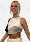 Wholesale Women's Casual Colorblock Layered Ruffle Trim Crop Tank Top Q21TP178# - Liuhuamall