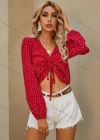 Wholesale Woman's Casual V Neck Long Sleeve Tie Front Polka Dot Crop Top - Liuhuamall