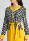 Wholesale Women's Quarter Zip Long Sleeve Round Neck Houndstooth Splicing A-line Maxi Dress With Belt - Liuhuamall
