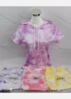 Wholesale Women's Casual Short Sleeve Tie Dye Drawstring Hooded Tops W3098# - Liuhuamall