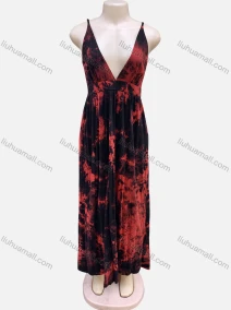Wholesale Women's Sexy V Neck Sleeveless Allover Print Tie Dye Ruched Maxi Cami Dress, LIUHUA CLOTHING WHOLESALE